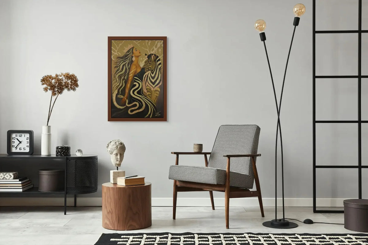 Modern living room with a chair, floor lamp, and an original gold leaf painting styled in the contemporary apartment living space.