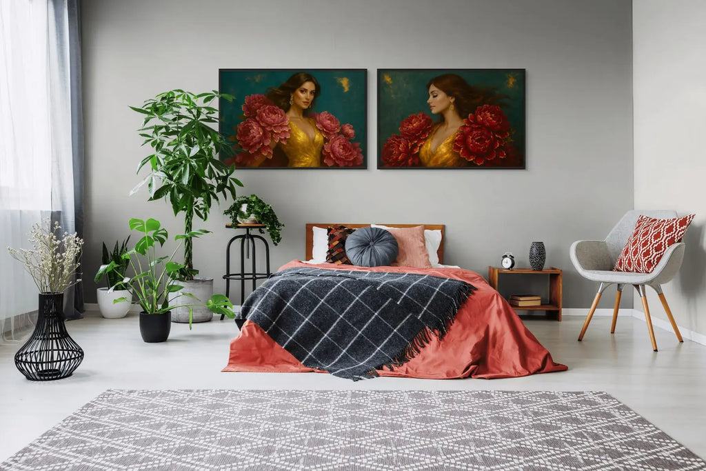 Luxury gold leaf peony diptych Scarlet Presence & Crimson Muse displayed above a bed, showing two coordinating portrait paintings with red peonies and gold accents.