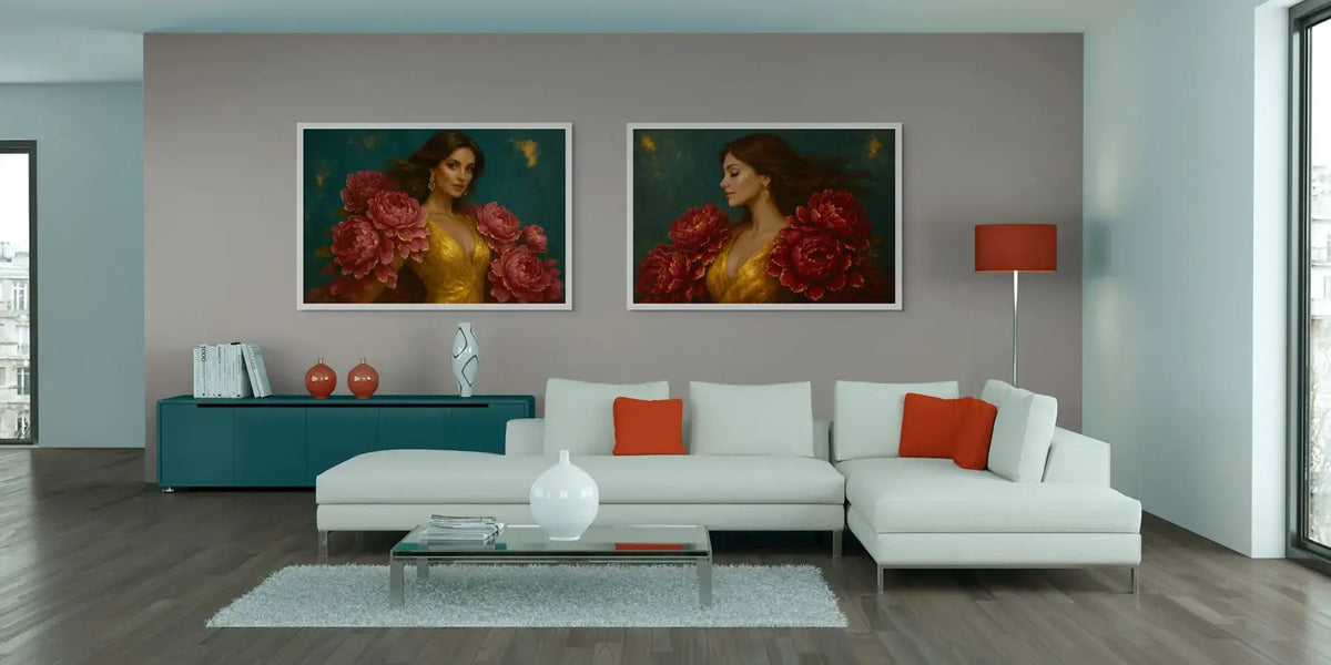 Luxury gold leaf portrait diptych featuring crimson peony artworks displayed side by side in a contemporary living room with neutral styling.