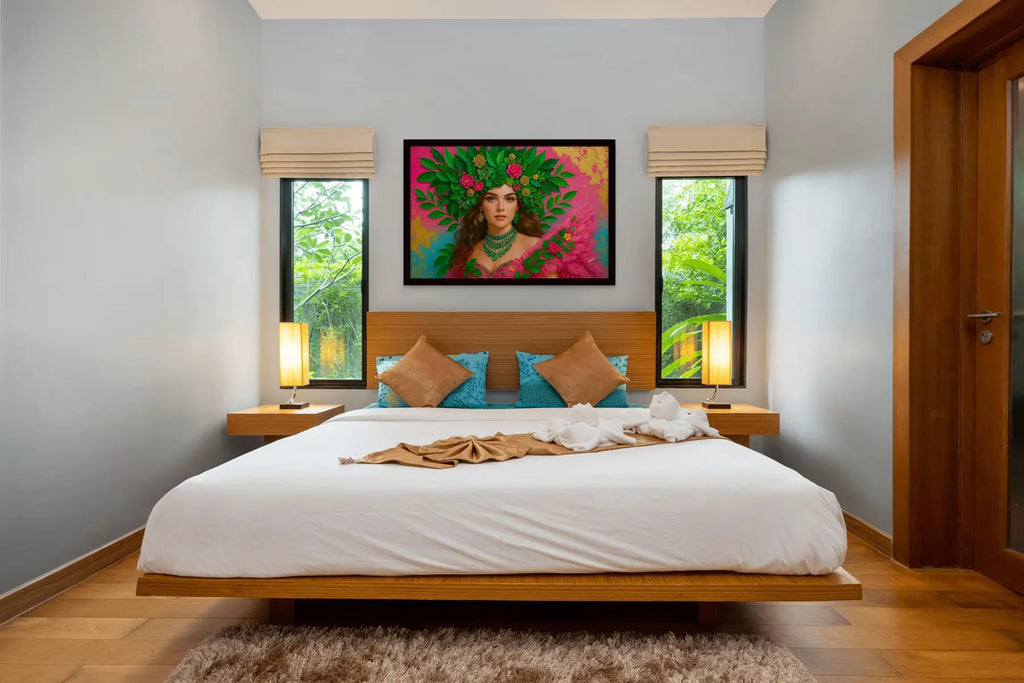 Emerald Serenade original painting – couture portrait with gold leaf detailing and emerald tones, shown in a modern bedroom.