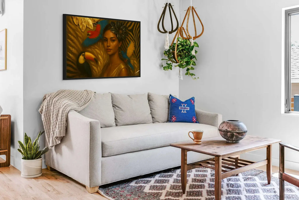 The Gilded Aviary original painting presented in a black frame above a sofa in a light-filled contemporary lounge mockup.