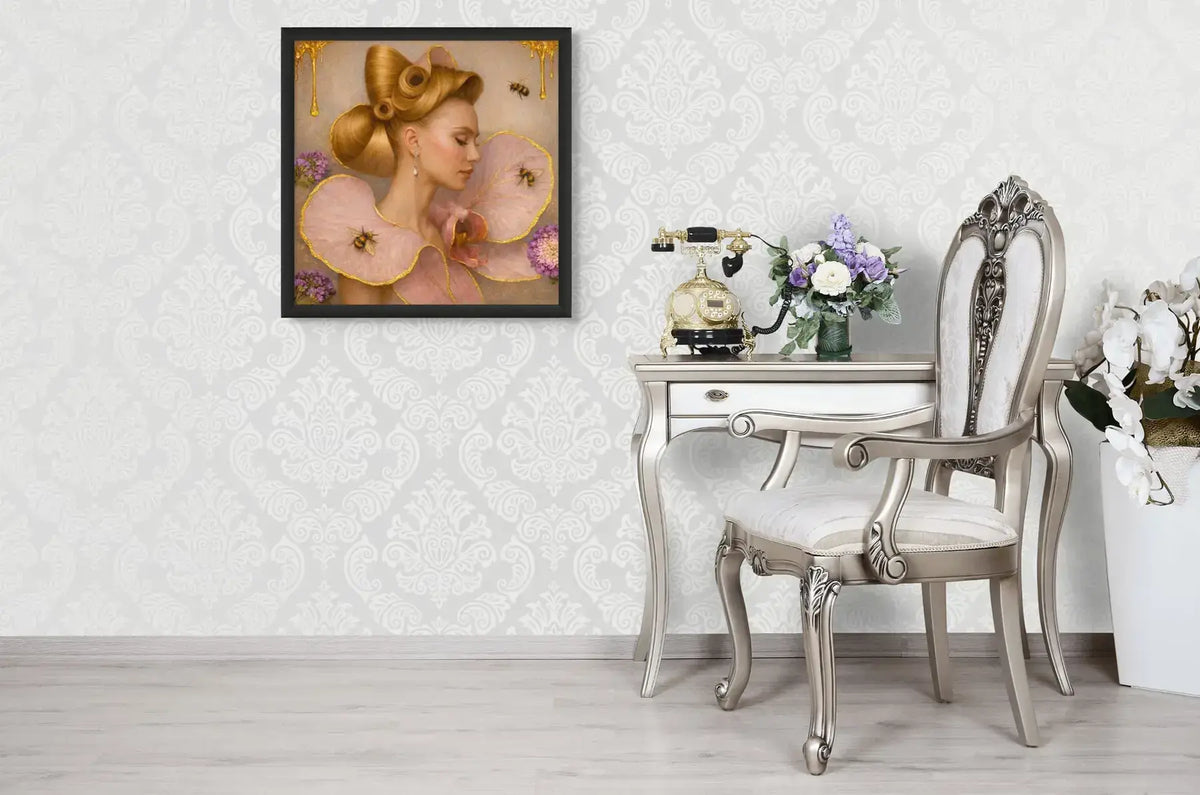Luxury gold leaf portrait painting Gilded Honey I in a black frame above an elegant dresser with classic decor in a refined feminine interior.