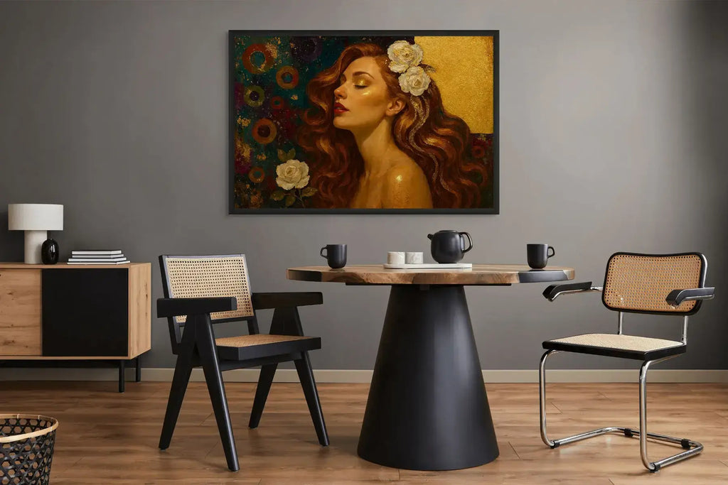 Gilded Serenity original painting – couture portrait with gold leaf detailing, shown in a modern dining room.