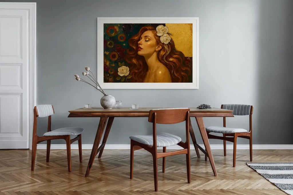 Gilded Serenity original painting – couture portrait with gold leaf detailing, shown in a modern dining room.