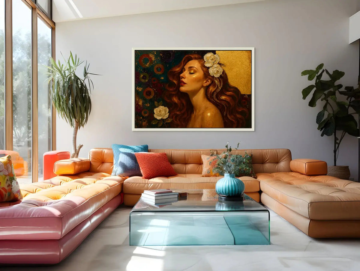 Gilded Serenity original painting – couture portrait with gold leaf detailing, shown in a modern lounge room.