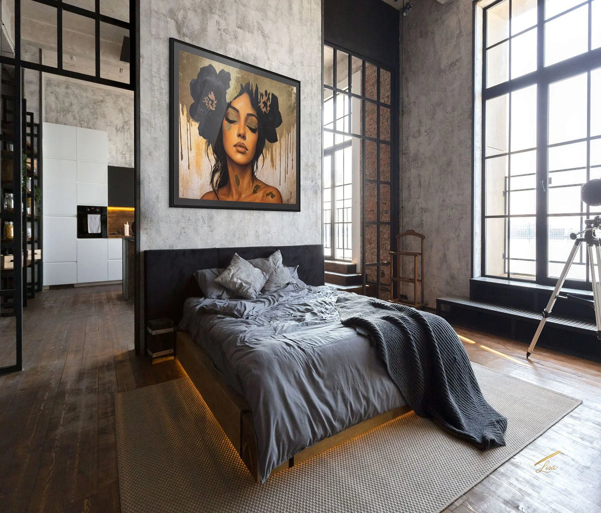 Modern bedroom with a bed, Golden Veil luxury original gold leaf painting on the wall, and large windows.