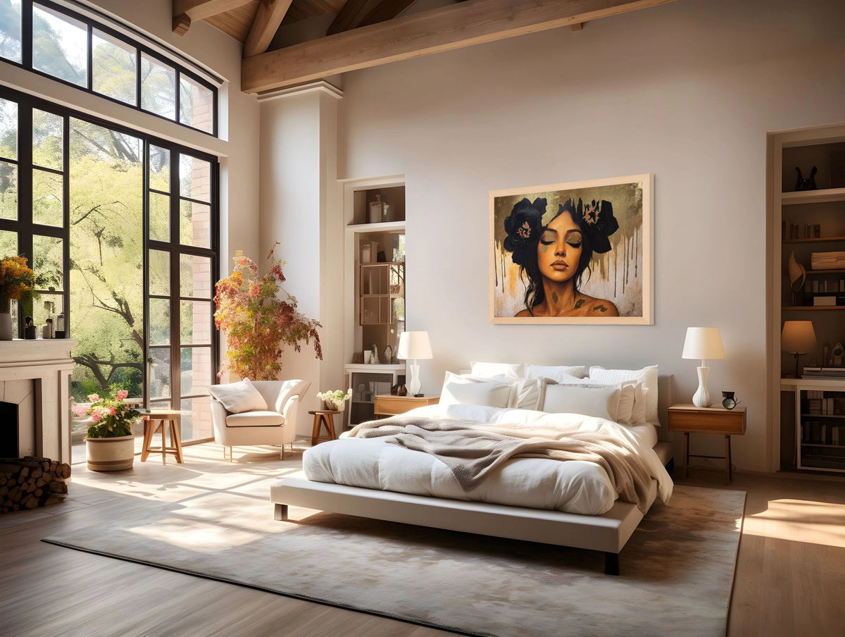 Golden Veil luxury original gold leaf painting in a modern bedroom with large windows, a bed, and decorative elements.