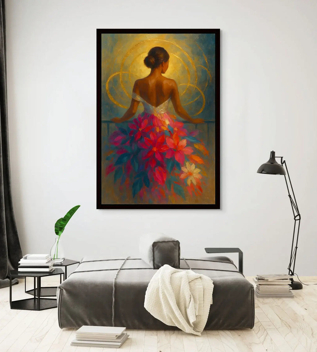 Halo Bloom original painting – couture floral artwork with gold leaf detailing and dramatic florals, shown in a modern interior.