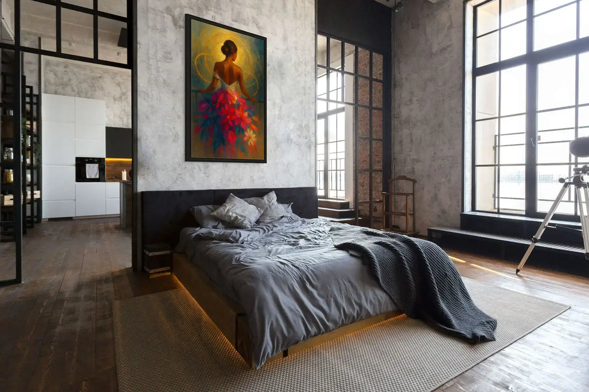 Halo Bloom original painting – couture floral artwork with gold leaf detailing and dramatic florals, shown in a modern bedroom.