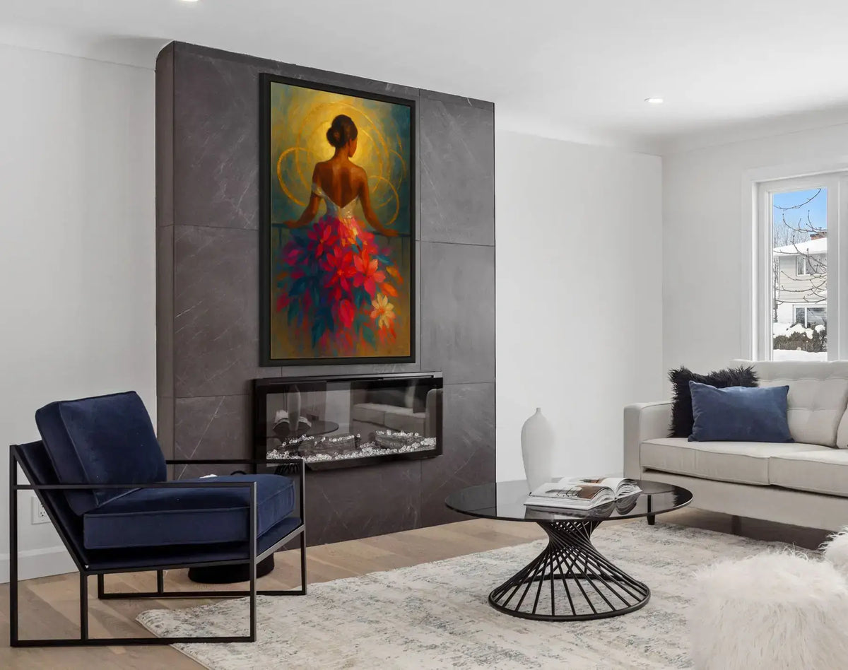 Halo Bloom original painting – couture floral artwork with gold leaf detailing, shown in a modern lounge room.
