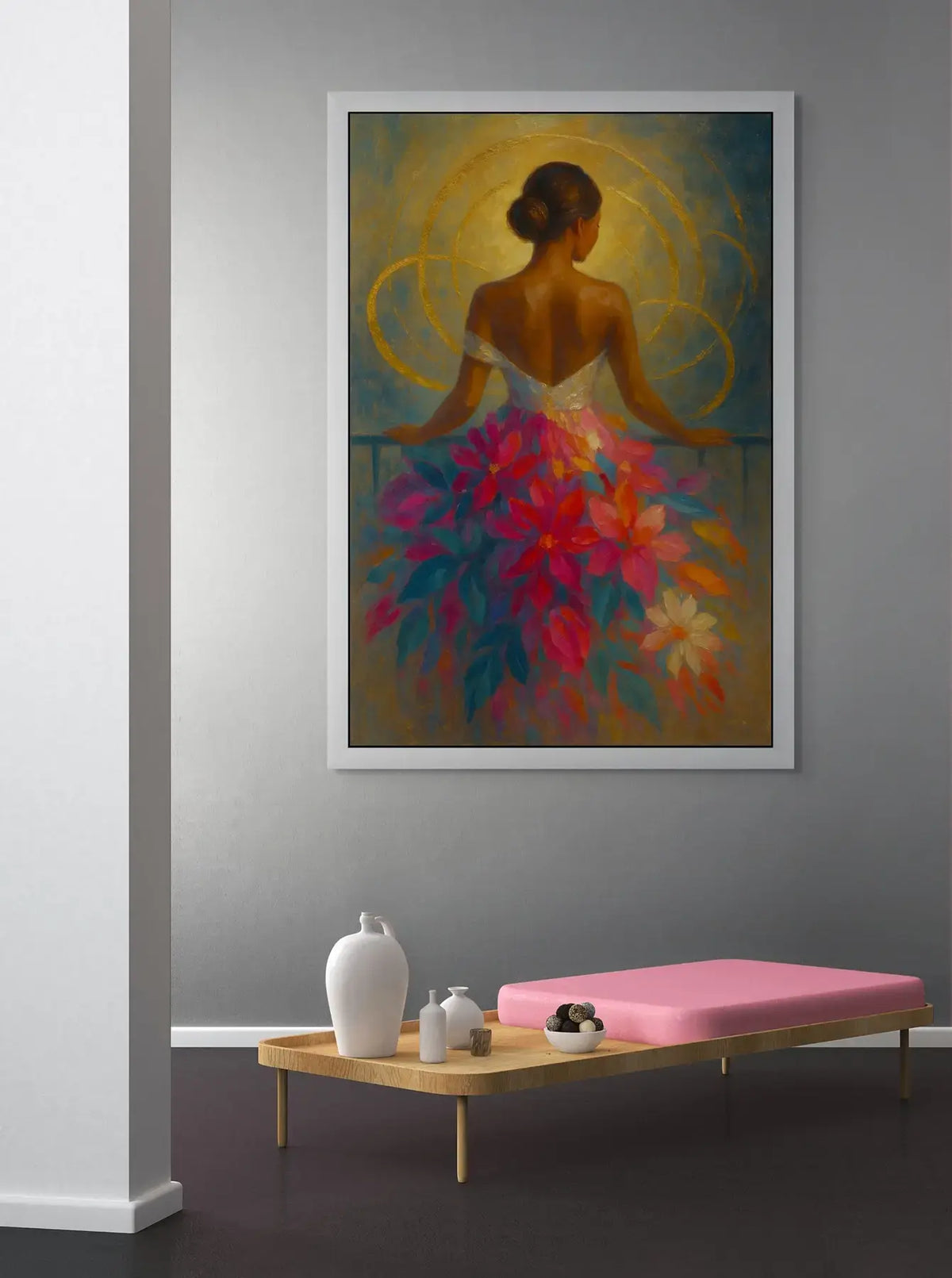 Halo Bloom original painting – couture floral artwork with gold leaf detailing and dramatic florals, shown in a modern interior.