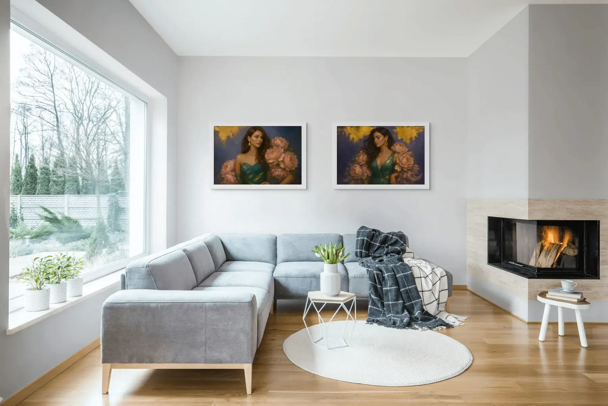Luxury gold foil portrait diptych of two feminine figures in emerald dresses with peony florals, styled in white frames above a soft grey sectional sofa in a light-filled modern living room.