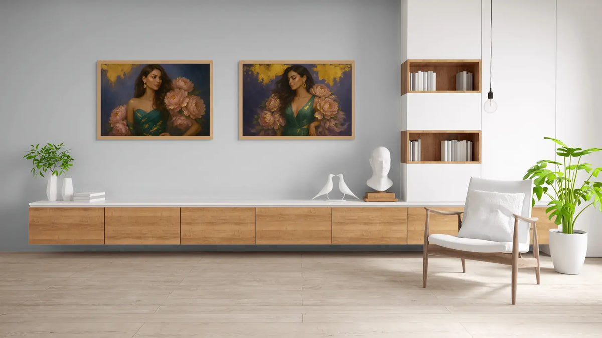 Luxury gold leaf portrait diptych with emerald green gowns and peony florals, framed in natural oak and styled above a minimalist console in a modern Scandinavian-inspired interior.