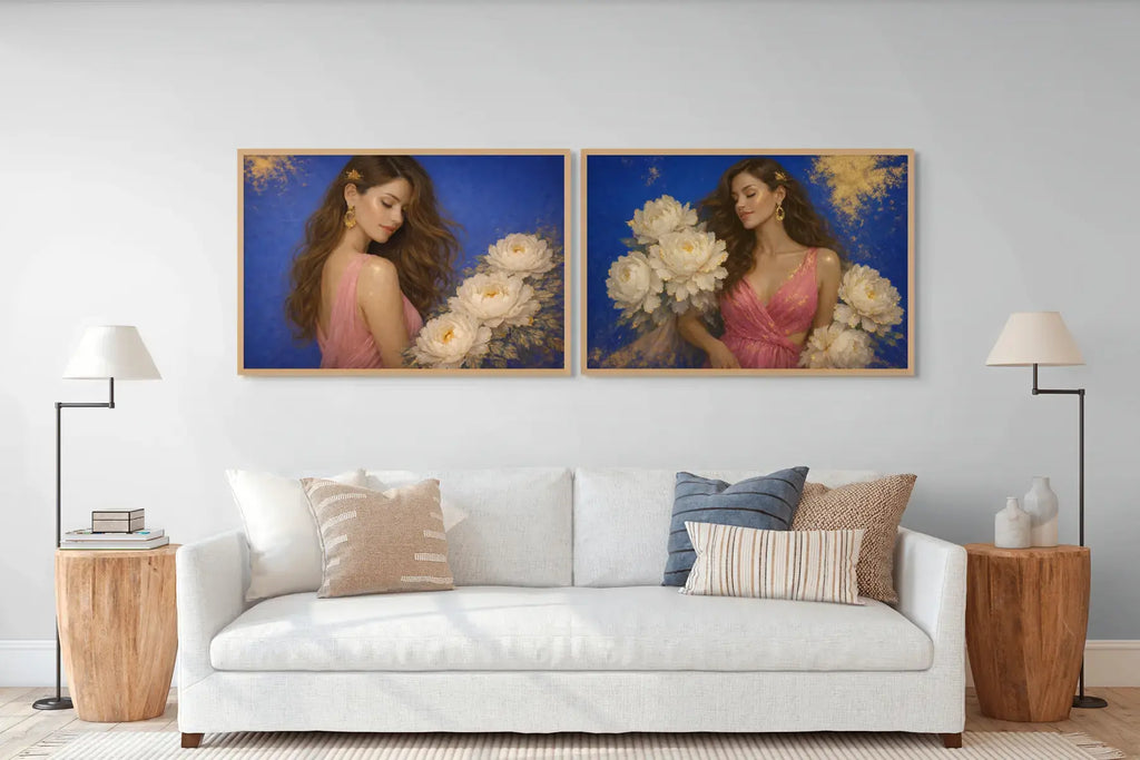 Peony Ladies diptych featuring Ivory Reverie and Azure Opulence presented in oak frames above a white sofa. The warm timber tones complement the ivory peonies and gold leaf accents, adding natural elegance to a refined contemporary interior.