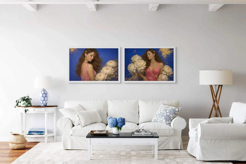 Peony Ladies diptych with Ivory Reverie and Azure Opulence displayed in white frames above a neutral sofa. Soft ivory florals, flowing blush gowns, and subtle gold leaf detailing create a serene statement for modern living spaces.