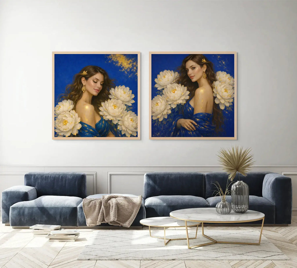 Peony Ladies diptych Sapphire Luminance and Sapphire Bloom presented in an elegant lounge interior with oak frames and modern décor