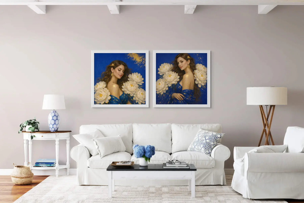 Luxury gold leaf original painting diptych Sapphire Luminance and Sapphire Bloom styled in a light neutral living room with white frames and soft furnishings