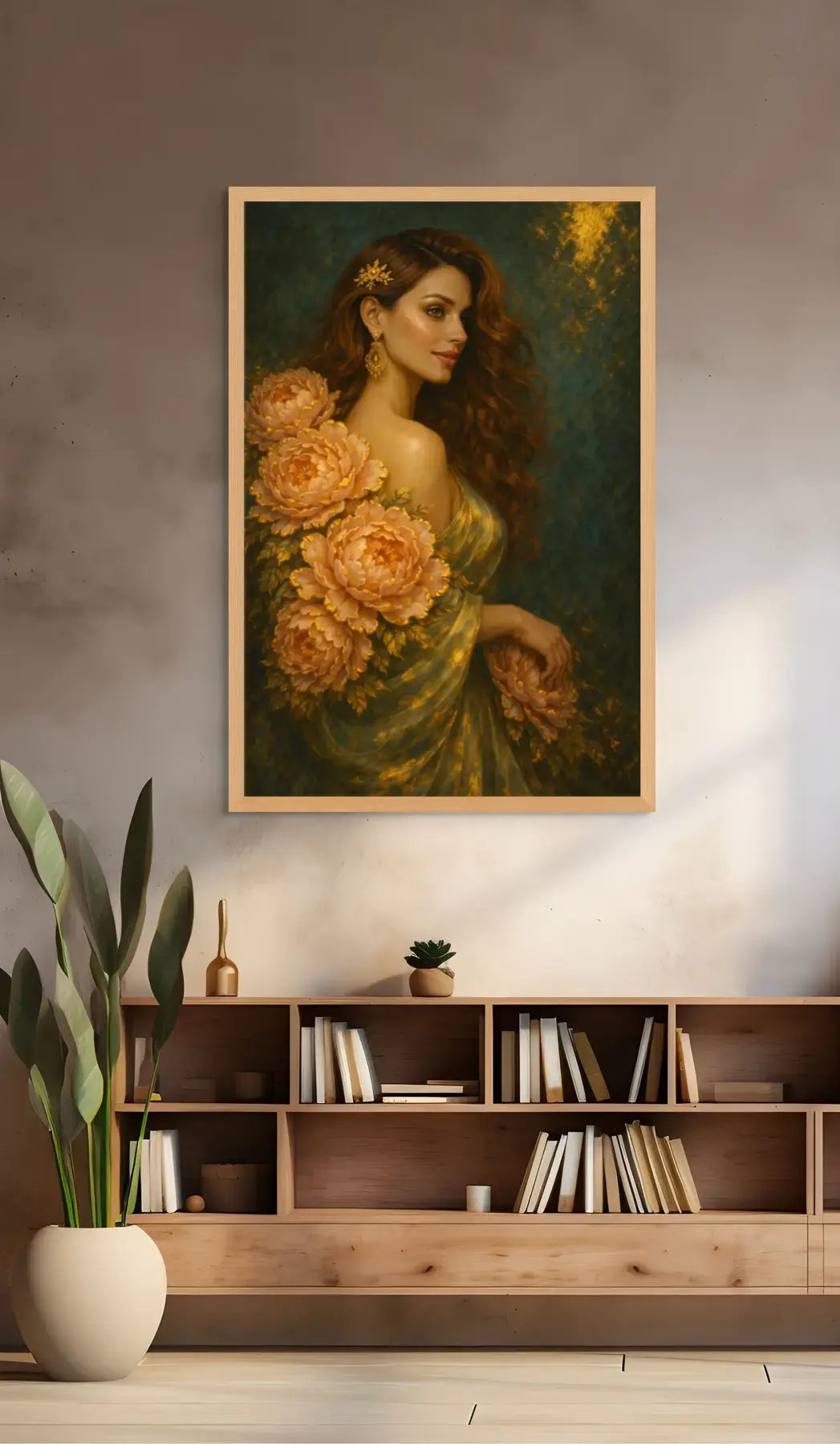 Luxury gold leaf original painting featuring a woman wrapped in blush peonies, styled above a timber bookcase in a warm, contemporary living space with soft natural light.