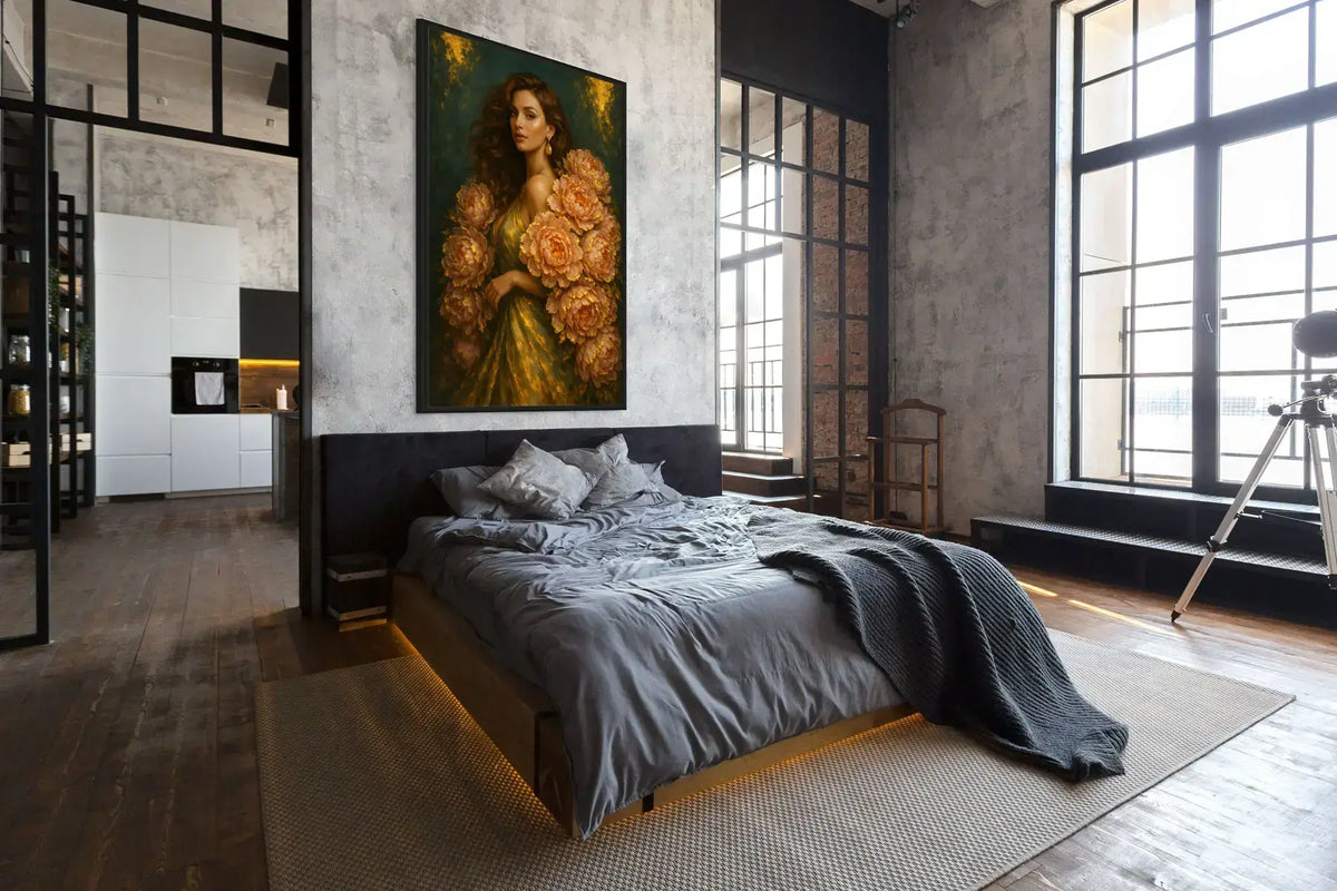 Luxury gold leaf original painting “Peony Lady – Golden Stillness” displayed above a bed in an industrial loft bedroom with textured concrete walls and large windows, highlighting a dramatic portrait with gold leaf and peony florals.