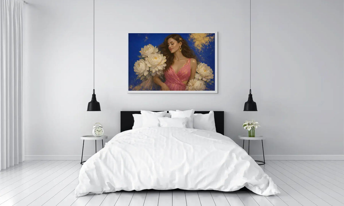 Luxury gold leaf original painting Peony Lady – Ivory Reverie displayed above a white bed, featuring a serene female muse in a pink gown surrounded by ivory peonies on a deep blue background.