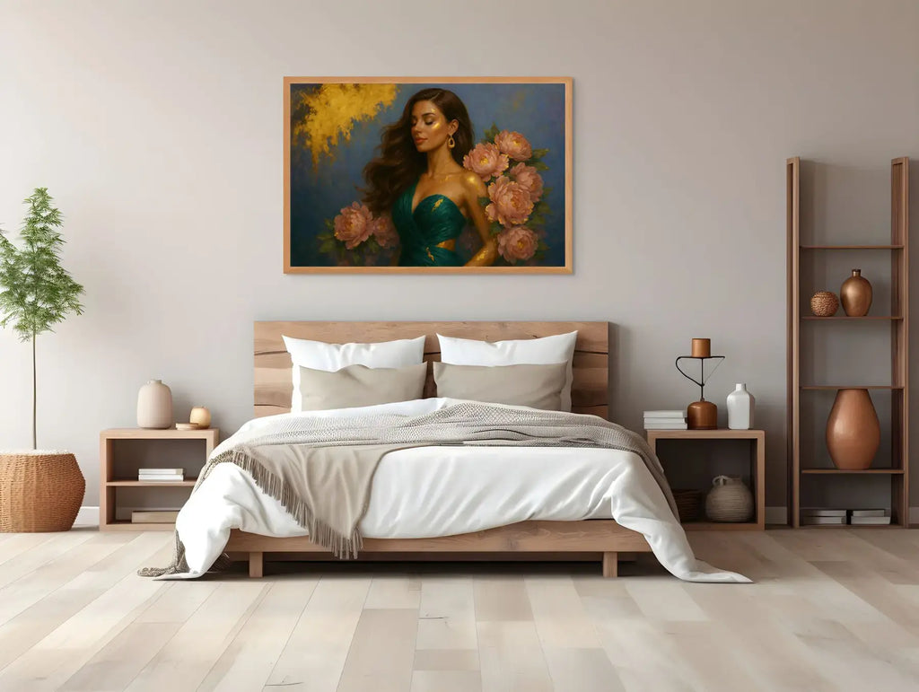 Luxury gold leaf original painting Peony Lady – Peony Grace presented in an oak frame above a timber bed. The natural textures of the room complement the artwork’s blush florals, emerald tones, and gold highlights, creating a serene and elevated bedroom setting.