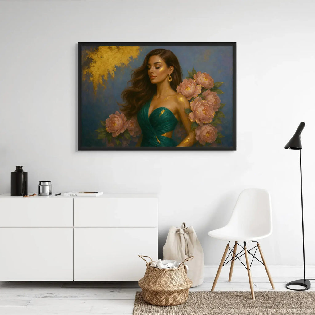 Luxury gold leaf original painting Peony Lady – Peony Grace displayed in a black frame above a modern white credenza. The emerald gown, blush peonies, and gold leaf accents create a refined focal point, elevating the minimalist interior with feminine elegance and contemporary luxury.