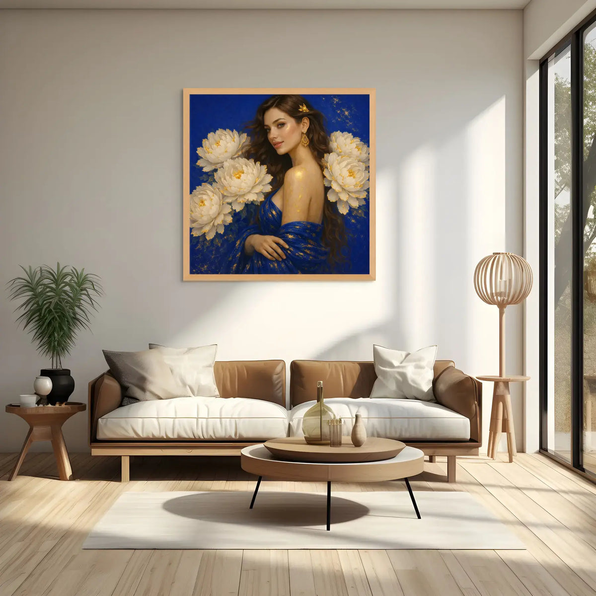Luxury gold leaf original painting Peony Lady – Sapphire Bloom in an oak frame styled above a modern tan sofa with natural light
