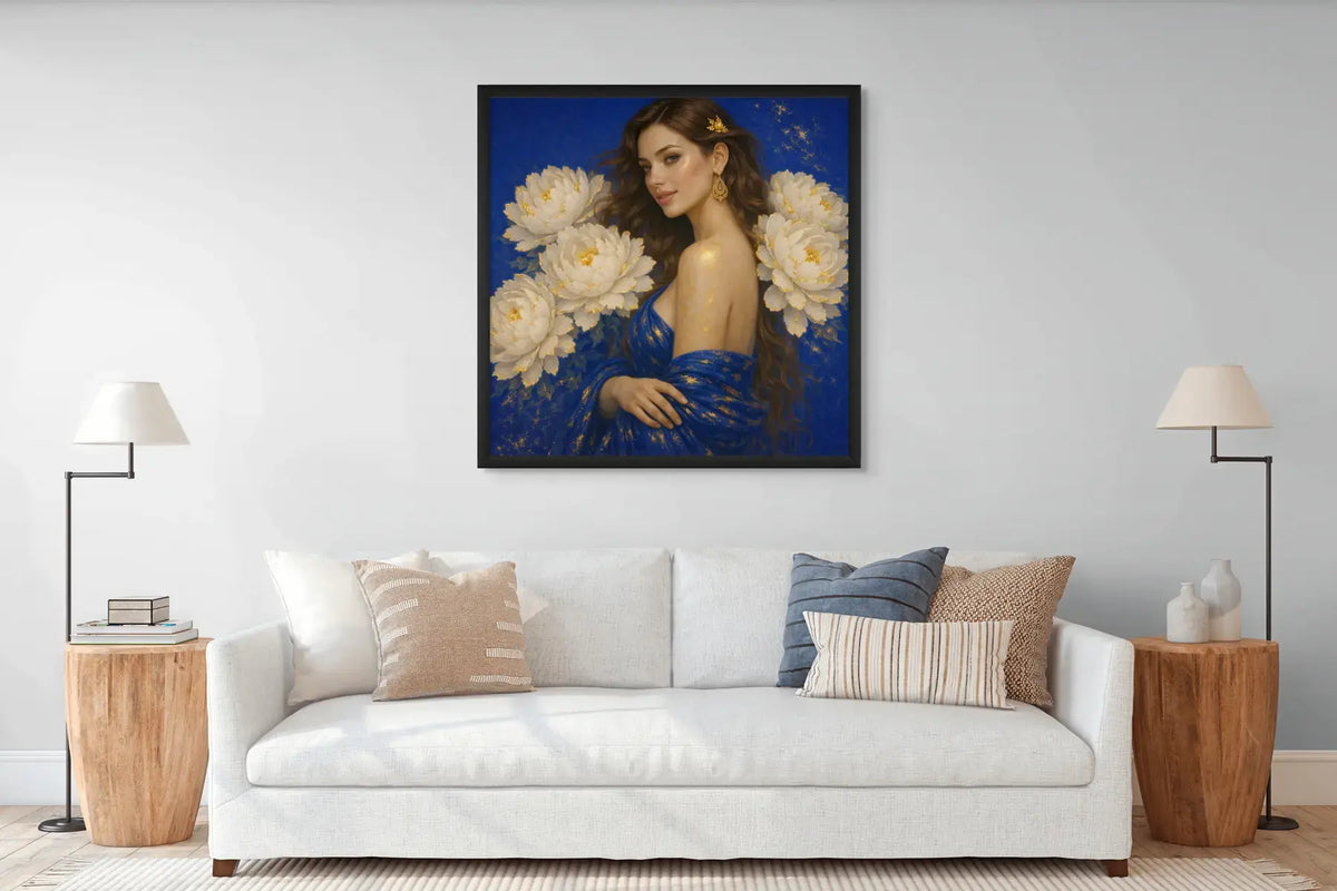 Luxury gold leaf original painting Peony Lady – Sapphire Bloom framed in black above a white sofa in a modern neutral living space