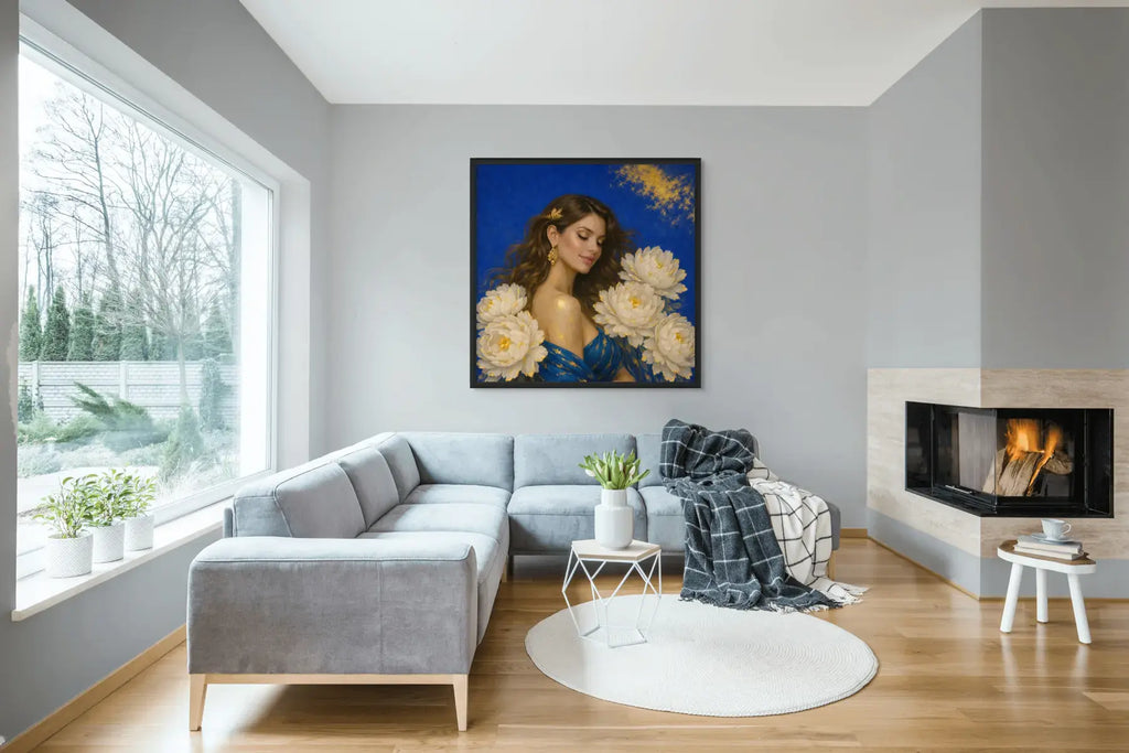 Luxury gold leaf original painting Sapphire Luminance styled in a contemporary grey lounge room, shown in a black frame above a sectional sofa.