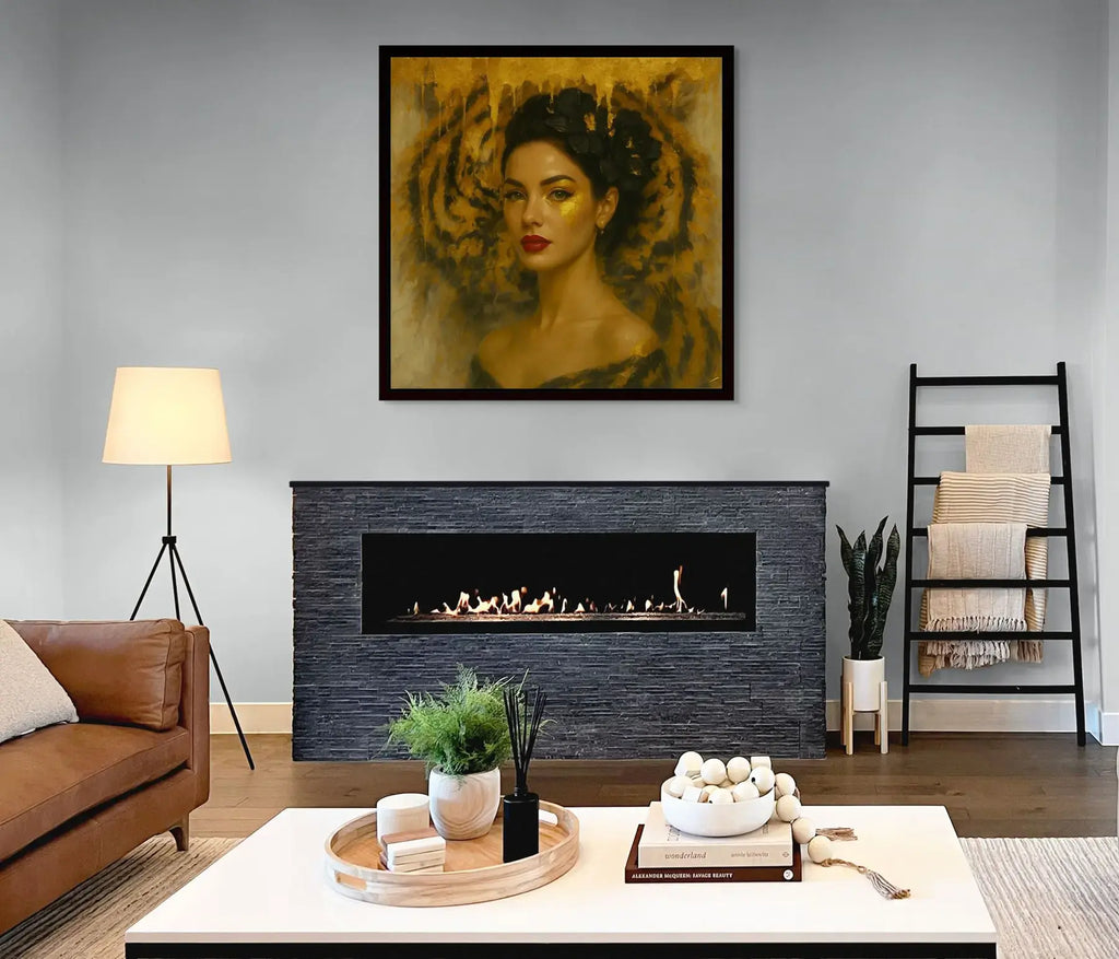 Savage Muse original painting – symbolic animal portrait with symbolic animal elements, shown in a modern interior.