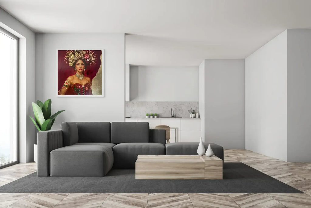 Scarlet Radiance original painting – couture portrait with gold leaf detailing, shown in a modern lounge room.