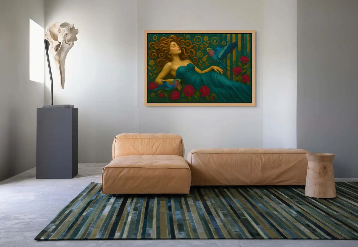 Serenade in Teal fine art print – floral couture portrait with teal accents and dramatic florals, shown in a modern lounge room.