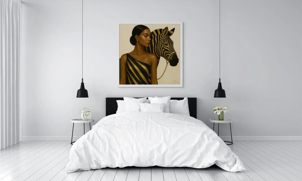 Sovereign Mark original gold leaf painting styled in a modern bedroom with a white frame, showcasing a fashion-inspired female portrait with zebra symbolism.