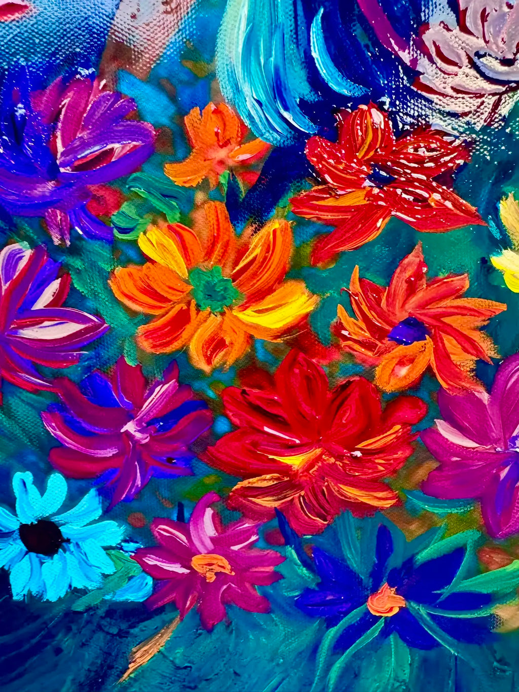Macro close-up showing layered petals with metallic gold leaf shimmer in the Stellar Petals painting.