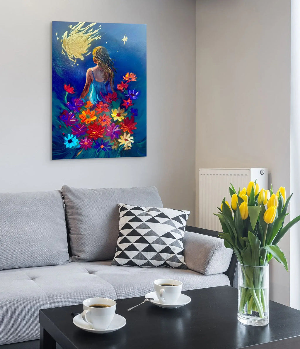 Stellar Petals original artwork styled in a modern grey lounge room, frameless presentation.