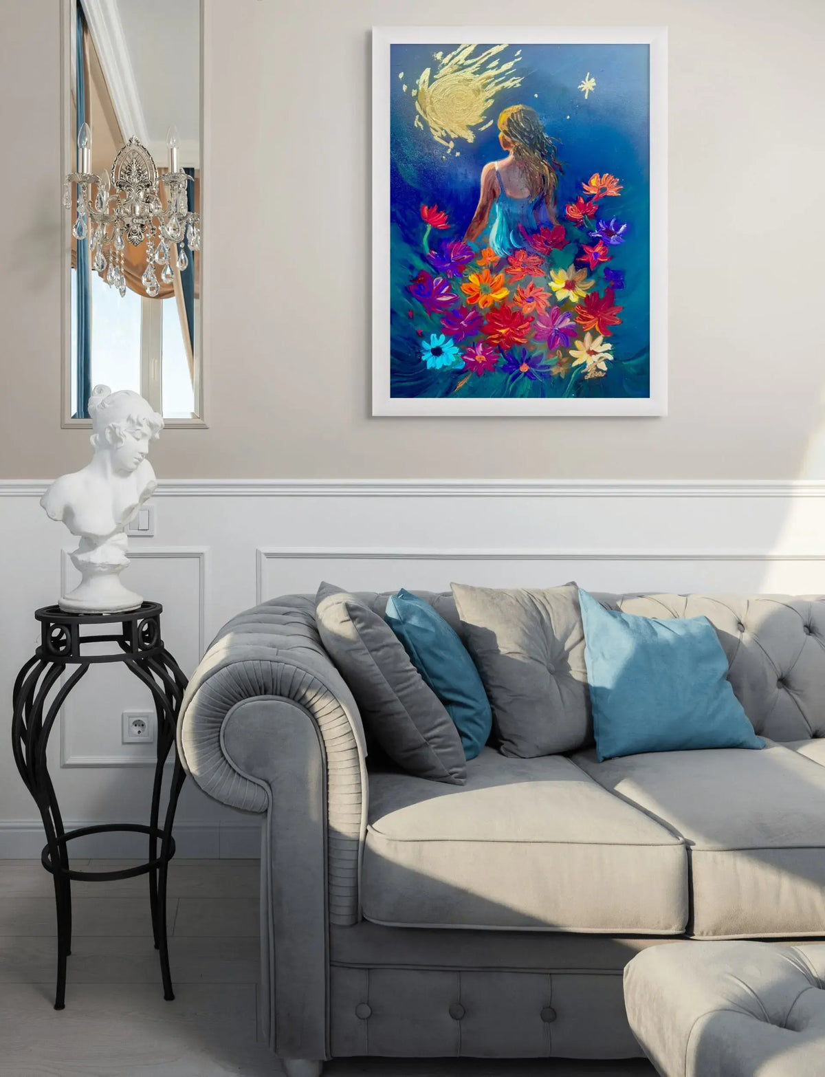 Stellar Petals original painting in a white frame styled in a soft grey living room interior.