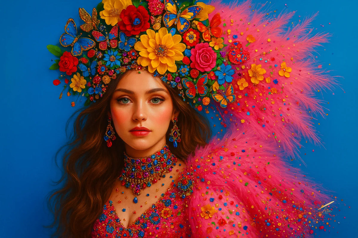 Butterfly Reverie luxury original painting – surreal fashion portrait with gold leaf detailing.
