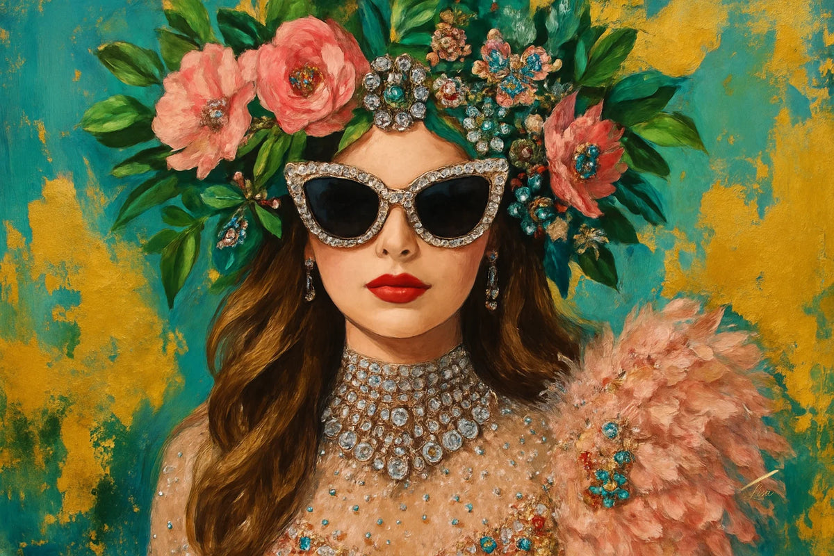 Couture Mirage luxury original painting – couture portrait with gold leaf detailing and statement jewellery.