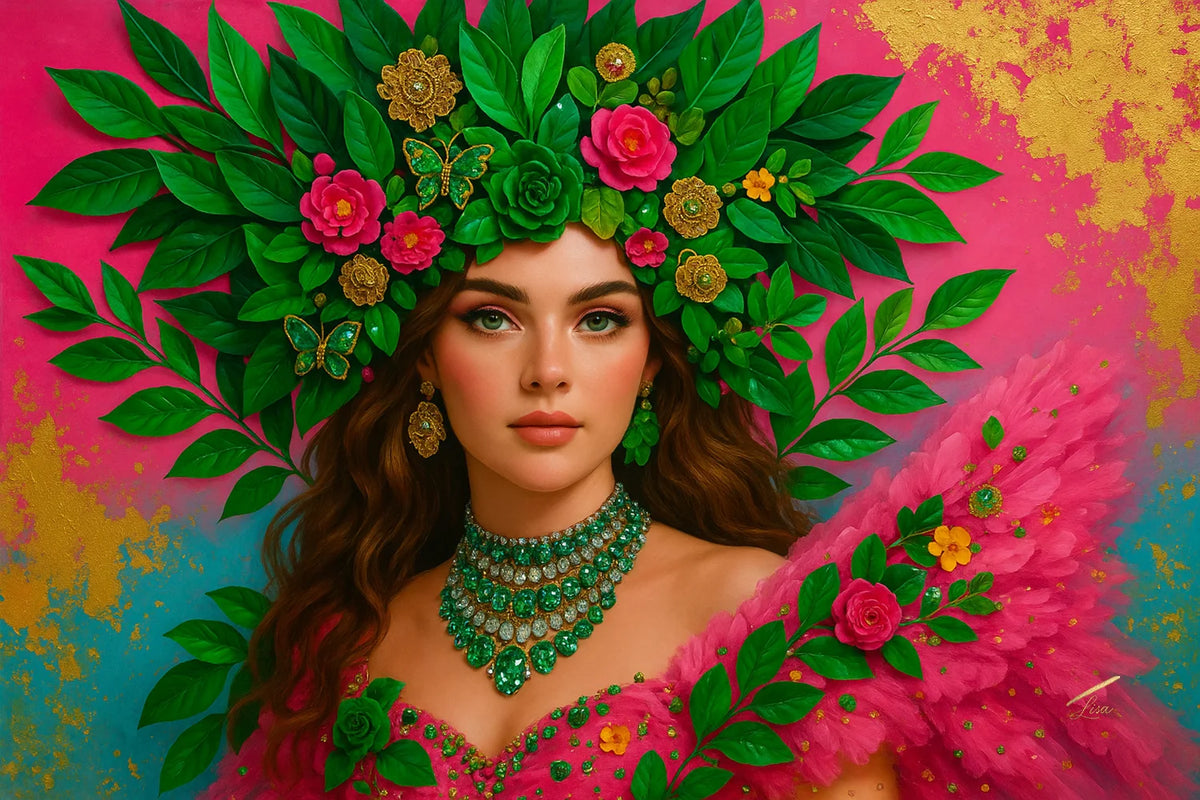 Emerald Serenade luxury original painting – couture portrait with gold leaf detailing and emerald tones available on demand.
