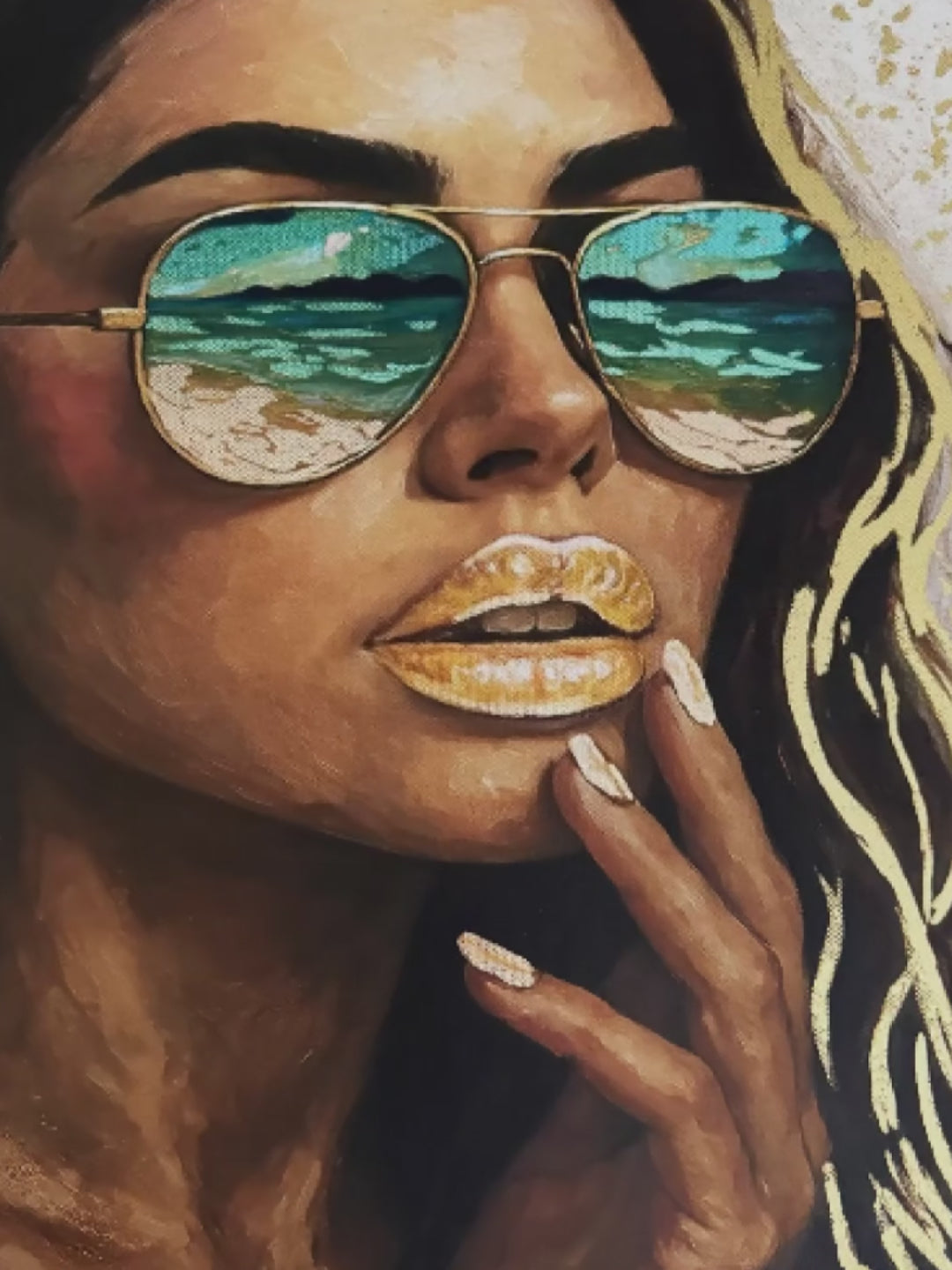 Time-lapse video of an artist applying gold leaf by hand to a glamorous portrait painting, showing the foiling stage of a Luxe Wall Art commission.