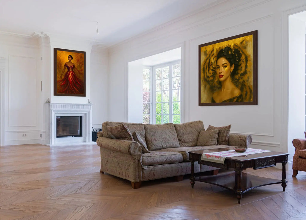 Radiant Ember original painting – couture portrait with luxe detailing, shown in a modern lounge room.