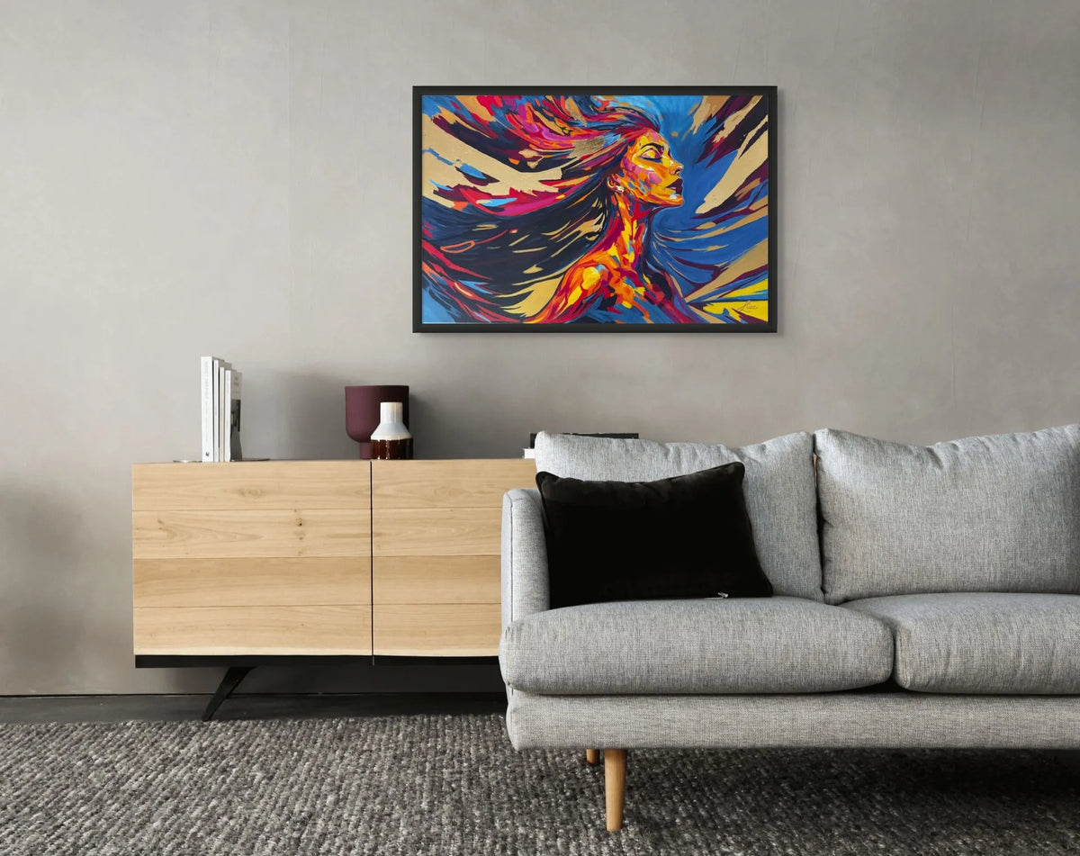 Unapologetically Alive painting displayed above a credenza in a styled living space, highlighting placement options for modern interiors.